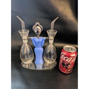 Casa Bugatti Trattoria Oil and Vinegar Cruet Set Blue Lady Figure Italy Chrome
